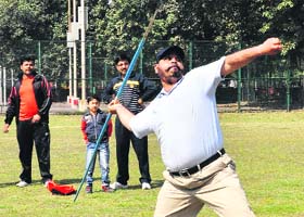 Baljit Singh takes part in the javelin throw event at the Sports Complex in Sector 46, Chandigarh, on Sunday