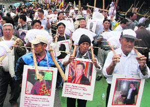 Tibetans take out a funeral procession of China on the occasion of Tibetan Uprising Day in Dehradun on Monday.