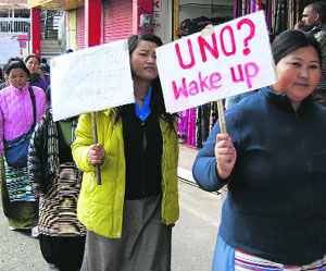 The Tibetan community takes out a march to commemorate Uprising Day in Mussoorie on Monday.