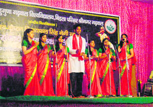 Students perform during the cultural festival at HNB Garhwal University in Srinagar on Monday. 