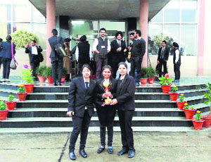 Bharti Garg, Anjali Goyal and Jyoti Panchal, students of the Law Department at BPS Women University, Khanpur Kalan, who were adjudged the first runners-up in a national moot court championship held at Rayat College of Law, Ropar, Punjab.