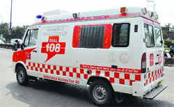 With the code of conduct being imposed, a 108 Ambulance sans Chief Ministers picture in Ludhiana. Photo: Inderjeet Verma