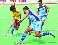 HP (in blue) beat Uttarakhand 2-1 in the Pool B match of the Hockey India Senior Men National Championship. Tribune photo 