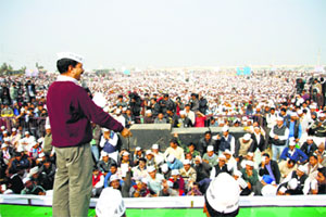 AAP leader Arvind Kejriwal addresses a public meeting in Rohtak.