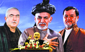 Afghan presidential candidate Ashraf Ghani Ahmadzai speaks during a campaign rally in Kabul on Monday.