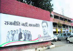 An advertisement of Congress vice-president Rahul Gandhi displayed on a public toilet in the Sector 22-C market, Chandigarh. Tribune photo: Manoj Mahajan