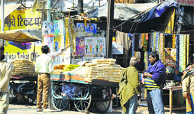 Gutka and other tobacco products on sale at the entrance to the railway station in Ludhiana.