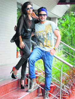 Actors Dolly Sidhu and Gaurav Kakkar pose for a photogrpah in Ludhiana on Tuesday.