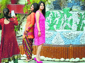 Students pose for a photograph after a farewell party at the Guru Nanak Khalsa College for Women, Gujarkhan Campus, Model Town, in Ludhiana on Tuesday.