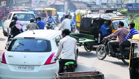 Traffic goes haywire due to the ongoing sewerage work on the stretch from Hathi Gate to Lohgarh Gate in Amritsar on Wednesday