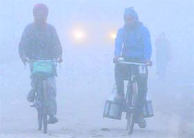 Winter blues: As temperature came down, a thick blanket of fog was witnessed over Amritsar on Wednesday
