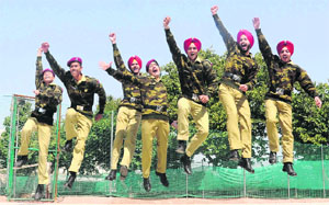Aiming for the sky: Students of Shemrock Senior Secondary School, Sector 69, who made it to the National Defence Academy, in a jubilant mood in Mohali on Wednesday. 