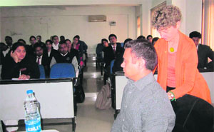Dr Marg Perrott from Kilmore Physiotherapy Centre, Australia, gives a demonstration on shoulder rehabilitation at Sardar Bhagwan Singh Institute of Bio-medical Sciences in Dehradun on Tuesday.