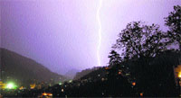 A streak of lightning visible in Mandi on Tuesday night.
