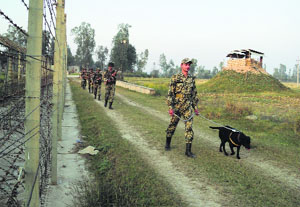 With elections round the corner, security personnel patrol along the border in the Jammu region