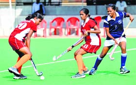 A semifinal in progress in the Hockey India junior women's National championship in Mysore on Wednesday