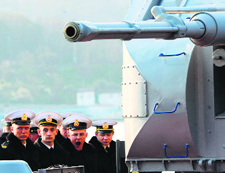 Getting ready: Ukrainian sailors parade on the ship Ternopil in Sevastopol bay on Wednesday.