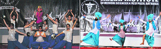 Girl students present a cultural item; and (right) students perform bhangra at the the Adesh Institute of Medical Sciences and Research in Bathinda on Thursday. 