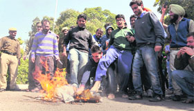 Activists of the Students for Society burn an effigy of the Vice-Chancellor at Panjab University in Chandigarh on Thursday.