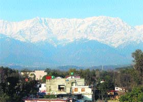 The snowclad Dhauladhars overlook the Kangra valley on a sunny Thursday