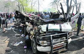 The crushed school van at the site of the accident at Jaheera village near Nakodar in Jalandhar