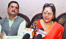 BJP leader Sheela Koul Handoo addresses a press conference in Jammu on Thursday.