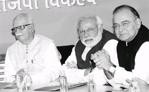 BJP leaders LK Advani, partys PM candidate Narendra Modi and Arun Jaitley at a meeting in New Delhi on Thursday