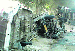 Mangled remains of vehicles involved in an accident in Sriganganagar district on Thursday. 