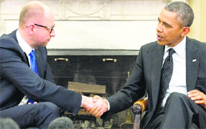 US President Barack Obama with Ukrainian Prime Minister Arseniy Yatsenyuk at the White House in Washington, DC, on Wednesday.