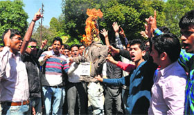 Students burn an effigy of Vice-Chancellor of HNB Garhwal University on the DAV PG College campus in Dehradun on Friday.