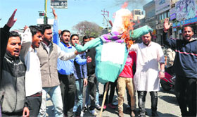 Members of the Youth Congress burn an effigy of Tehri Garhwal MP Mala Raj Lakshmi at Estley Hall Chowk in Dehradun |on Friday.