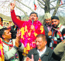 State BJP president Jugal Kishore Sharma addresses a rally in Poonch on Friday.