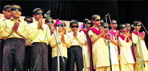 Students of the Blind Institute present a song during an award function at the Bal Bhawan, Sector 23, Chandigarh, on Saturday.