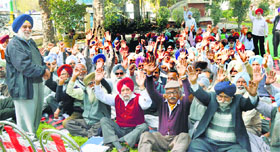 Members of the Pensioners Association of Cooperative Agricultural Development Bank hold a protest at the Chatar Singh Park in Ludhiana on Saturday.
