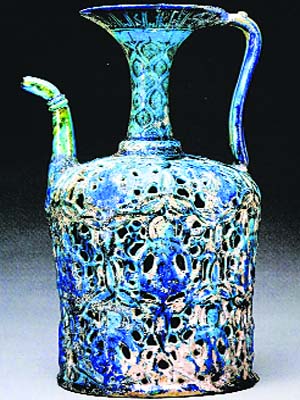 Ewer. Frit body, openwork decoration, painted. Iran; ca. 1200-1220. The al-Sabah Collection, Kuwait