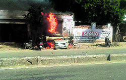 The Maruti Zen that had caught fire after a blast on the Bibiwala Road in Bathinda on March 10