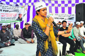 AAP candidate Gul Panag addresses a rally at Colony No. 4 in Chandigarh on Sunday.