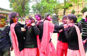 Girl students of Government Polytechnic celebrate Holi in Kangra on Saturday