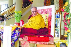 The Dalai Lama during the teaching from the Jataka Tales at the Tsugla Khang Temple in McLeodganj on Sunday