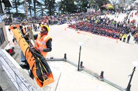 A National Disaster Response Force serviceman during a drill for earthquake response preparedness in Shimla on Saturday