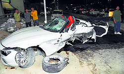 The mangled remains of the BMW Z4 car that met with an accident on the Ferozepur Road in Ludhiana