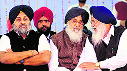 Deputy Chief Minister Sukhbir Badal, Chief Minister Parkash Singh Badal and SGPC chief Avtar Singh Makkar at the SAD conference