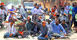 Members of Union for the Handicapped People, Punjab, protest in Health Minister Surjeet Kumar Jyanis native village of Kathera in Fazilka district on Sunday