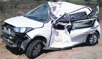 The remains of the mangled Hyundai i20 car which met with an accident on the Mansa Road in Bathinda. a tribune photograph
