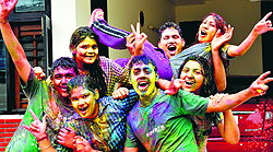 Youngsters have a gala time during Holi in Ludhiana on Monday