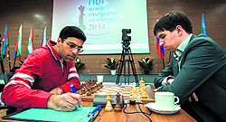 Viswanathan Anand played out an easy draw against Dmitry Andreikin of Russia in the fifth round of the Candidates chess tournament on Tuesday