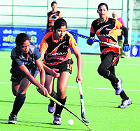 Haryana (in orange) beat Hockey Odisha 11-0 in the senior womens National Championship (Division A) on Tuesday