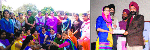 Girls participate in a mehndi competition ; and (right) VC AS Brar gives away scholarship to a student at Guru Nanak Dev University in Amritsar on Wednesday. 