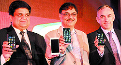 Karbonn Mobiles officials at the launch of three smartphones  Titanium Hexa, Titanium Octane and Titanium Octane Plus  in New Delhi on Wednesday. The phones are priced at Rs 16,990, Rs 14,490 and Rs 17,990, respectively