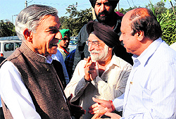 Congress MP Pawan Kumar Bansal meets industrialists after the debate at the Industrial Area in Chandigarh on Wednesday